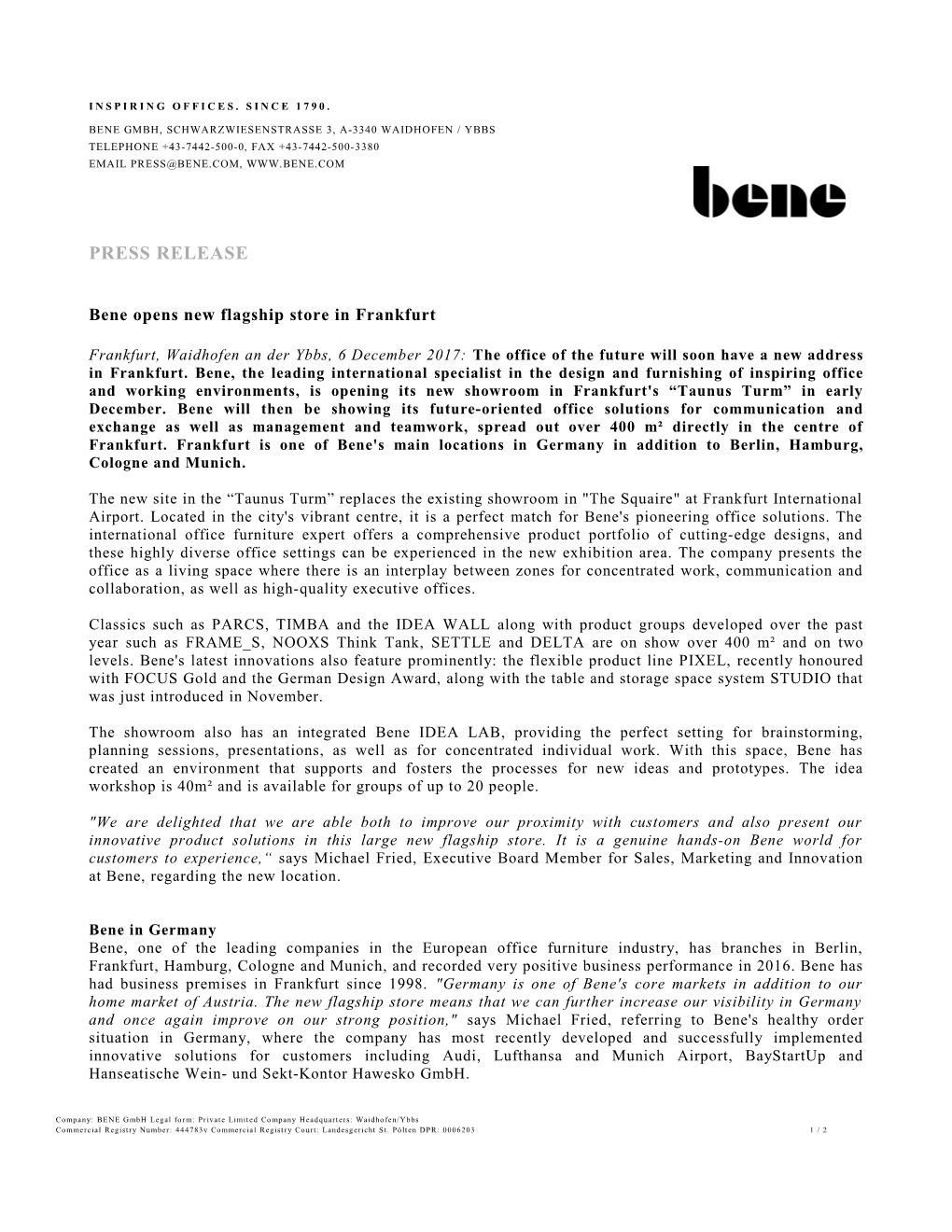 Bene Opens New Flagship Store in Frankfurt