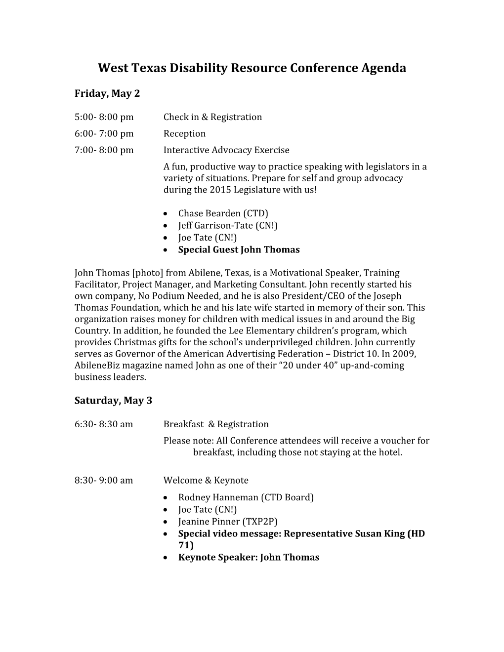 West Texas Disability Resource Conference Agenda