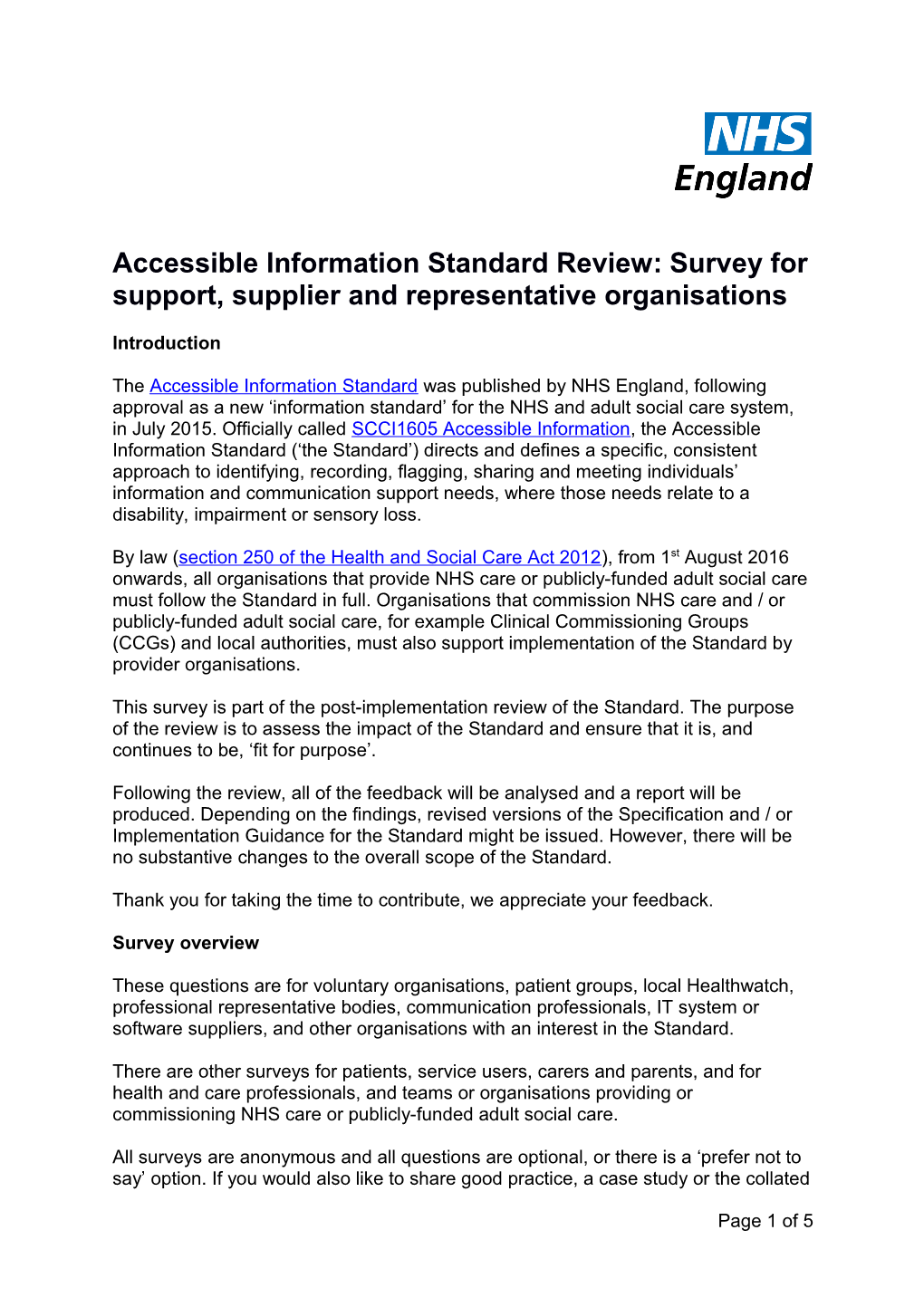 Accessible Information Standard Review: Survey for Support, Supplier and Representative