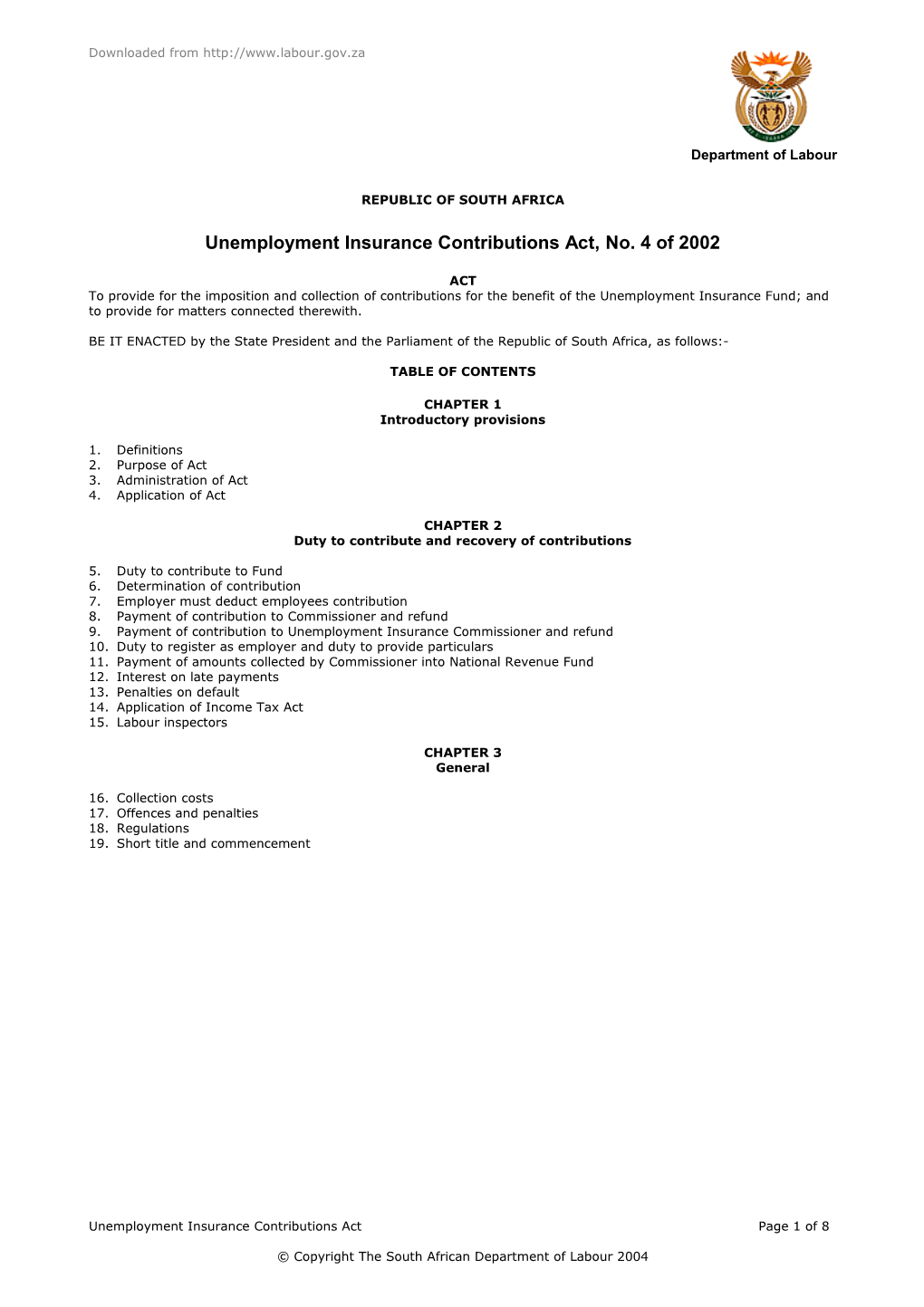 Unemployment Insurance Contributions Act, No. 4 of 2002