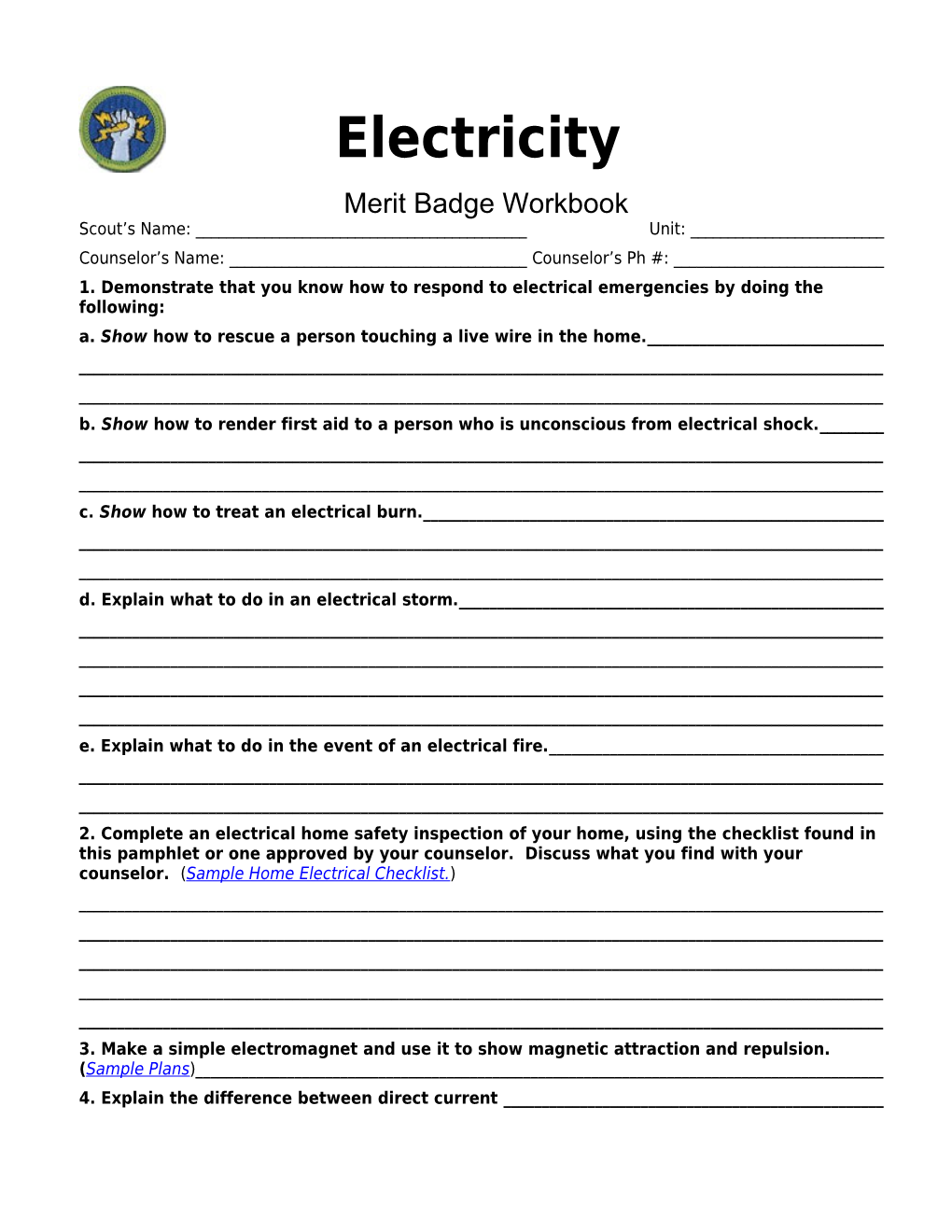 Electricity P. 1 Merit Badge Workbook Scout's Name: ______