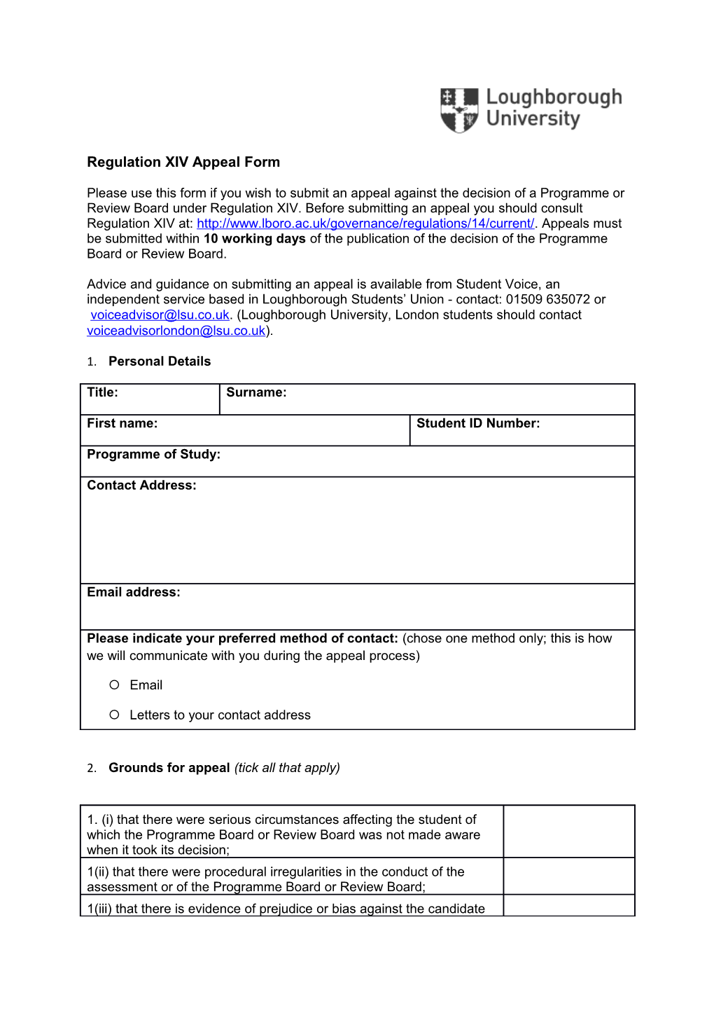 Regulation XIV Appeal Form
