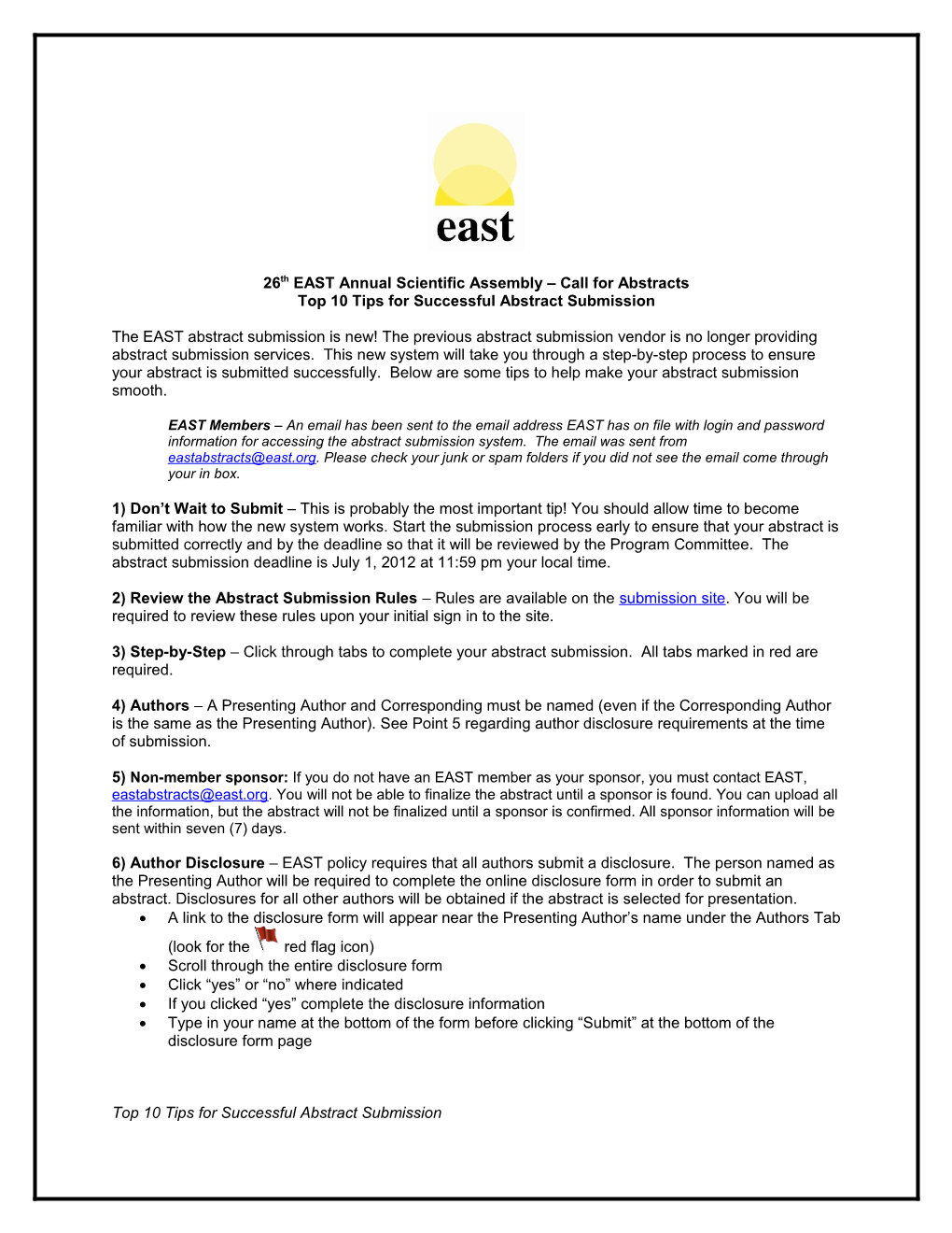 26Th EAST Annual Scientific Assembly Call for Abstracts