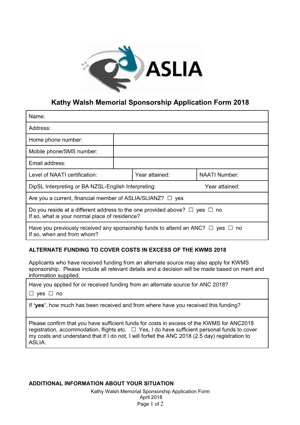 Kathy Walsh Memorial Sponsorship Application Form 2018