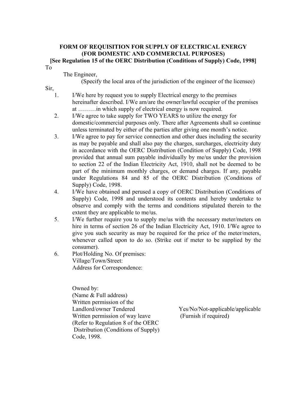 Form of Requisition for Supply of Electrical Energy