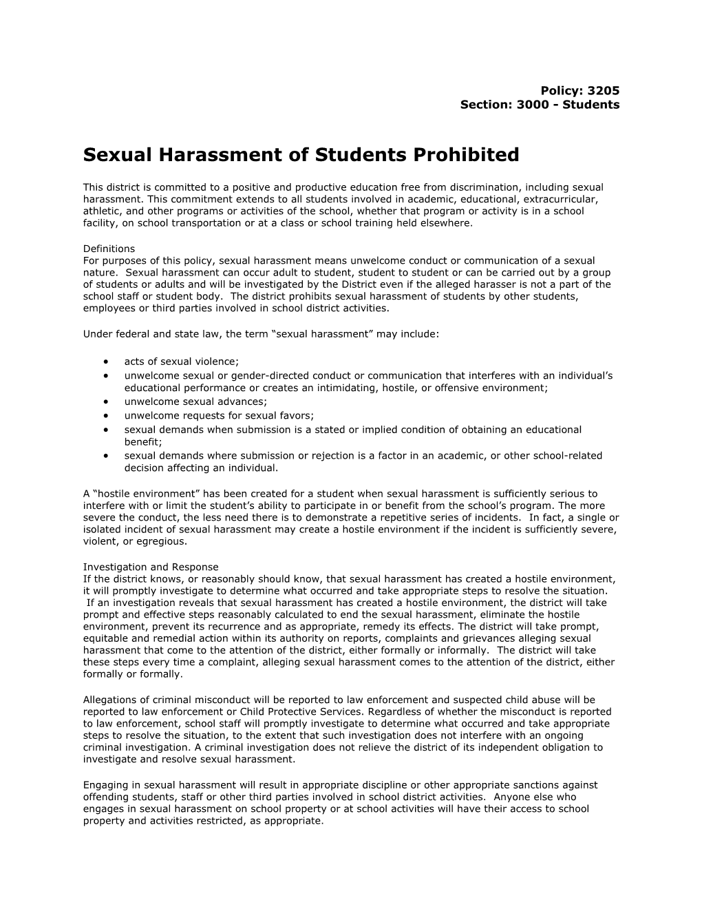 Sexual Harassment of Students Prohibited