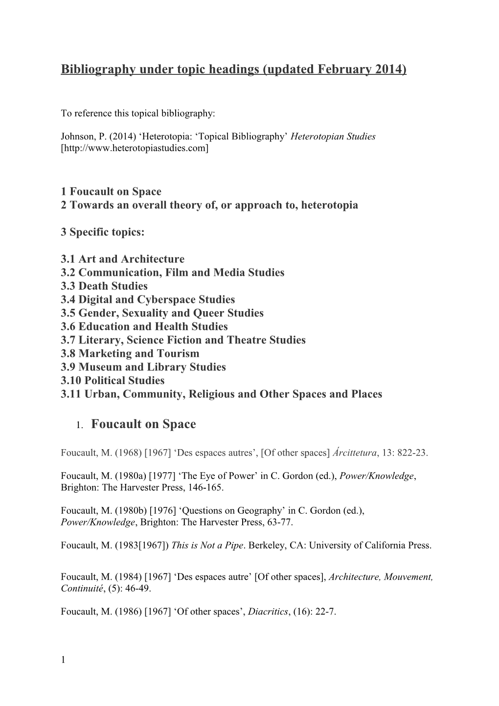 Bibliography Under Topic Headings (Updated February 2014)