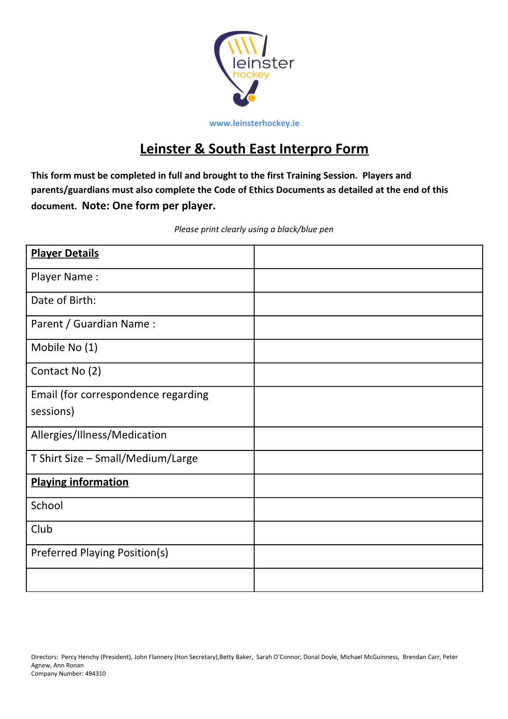 Leinster & South East Interpro Form