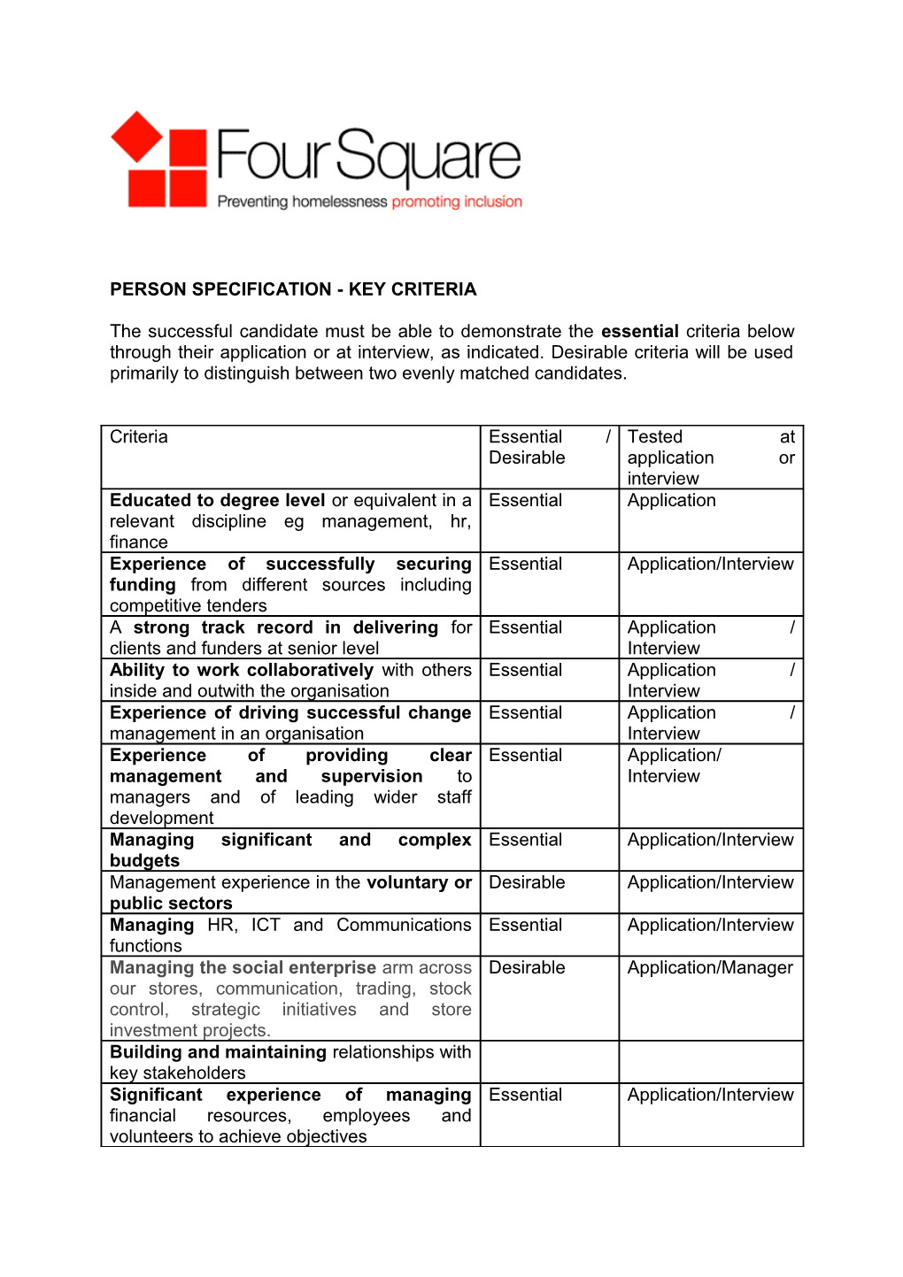 Person Specification - Key Criteria