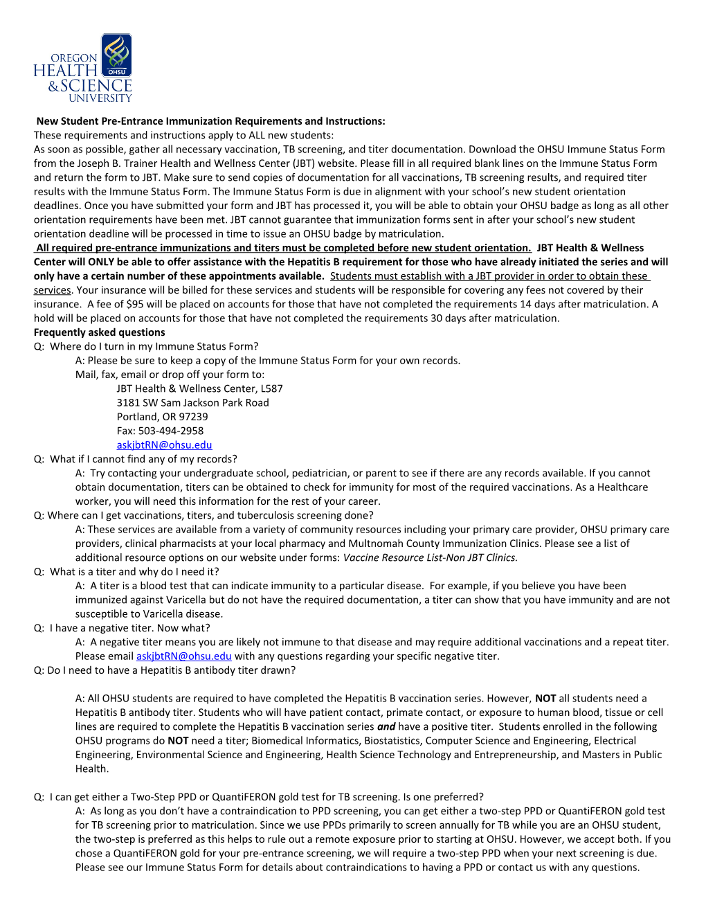 New Student Pre-Entrance Immunization Requirements and Instructions