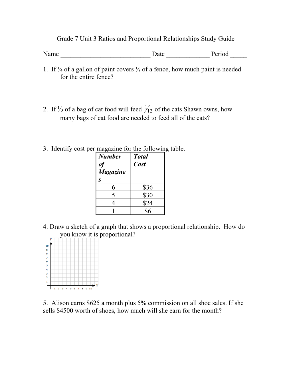 Unit 3 Ratios and Proportional Relationships Study Guide