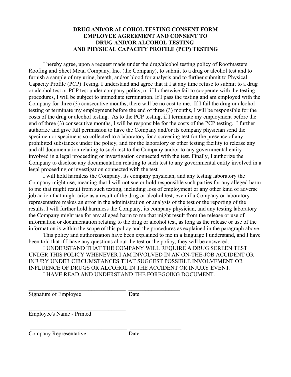 Drug And/Or Alcohol Testing Consent Form