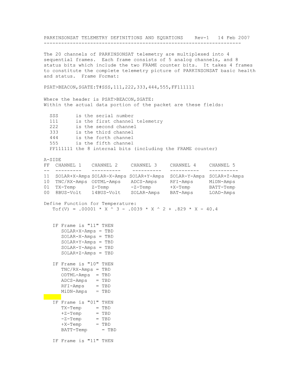 PARKINSONSAT TELEMETRY DEFINITIONS and EQUATIONS Rev-1 14 Feb 2007