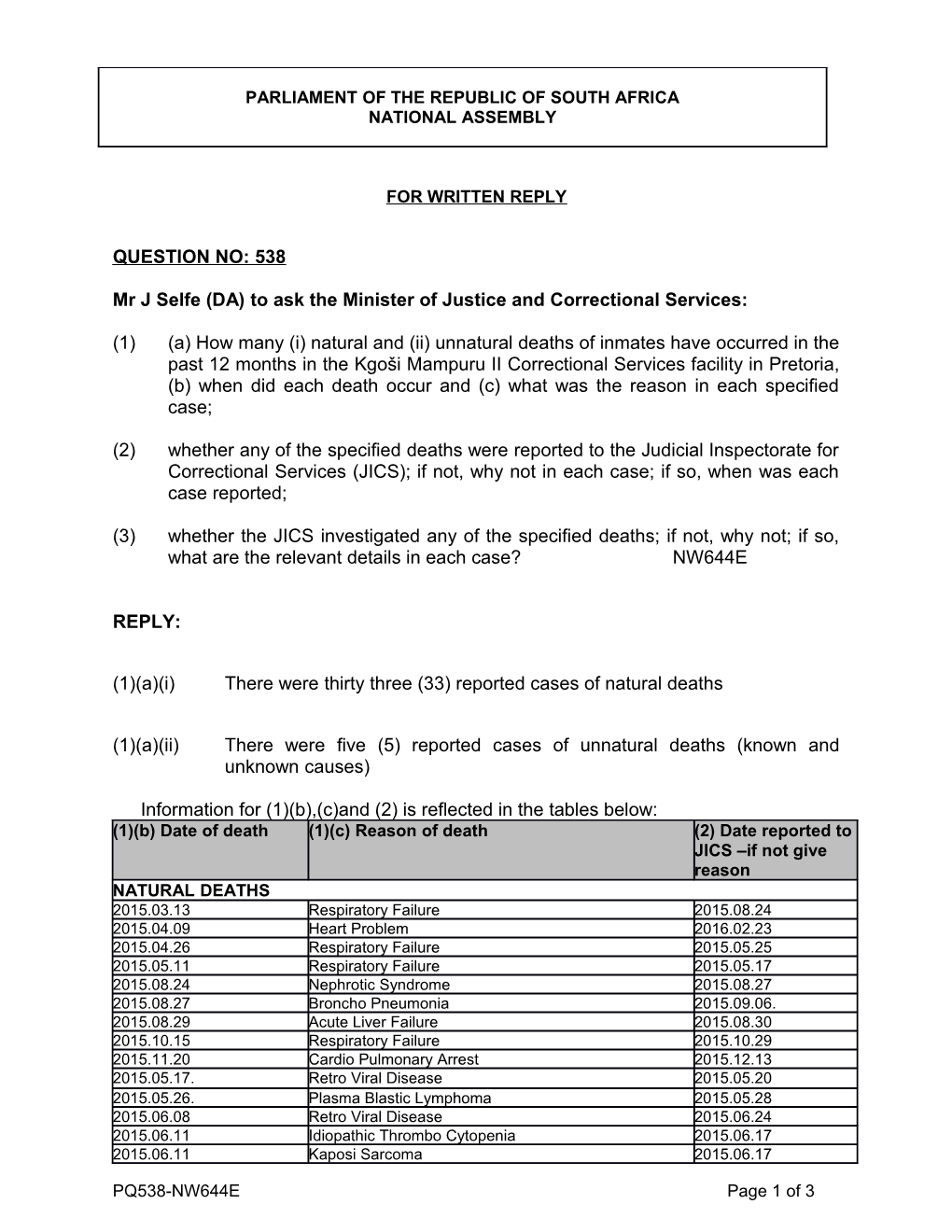 Mr J Selfe (DA) to Ask the Minister of Justice and Correctional Services
