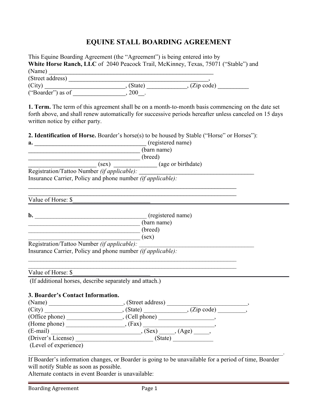 Equine Stall Boarding Agreement