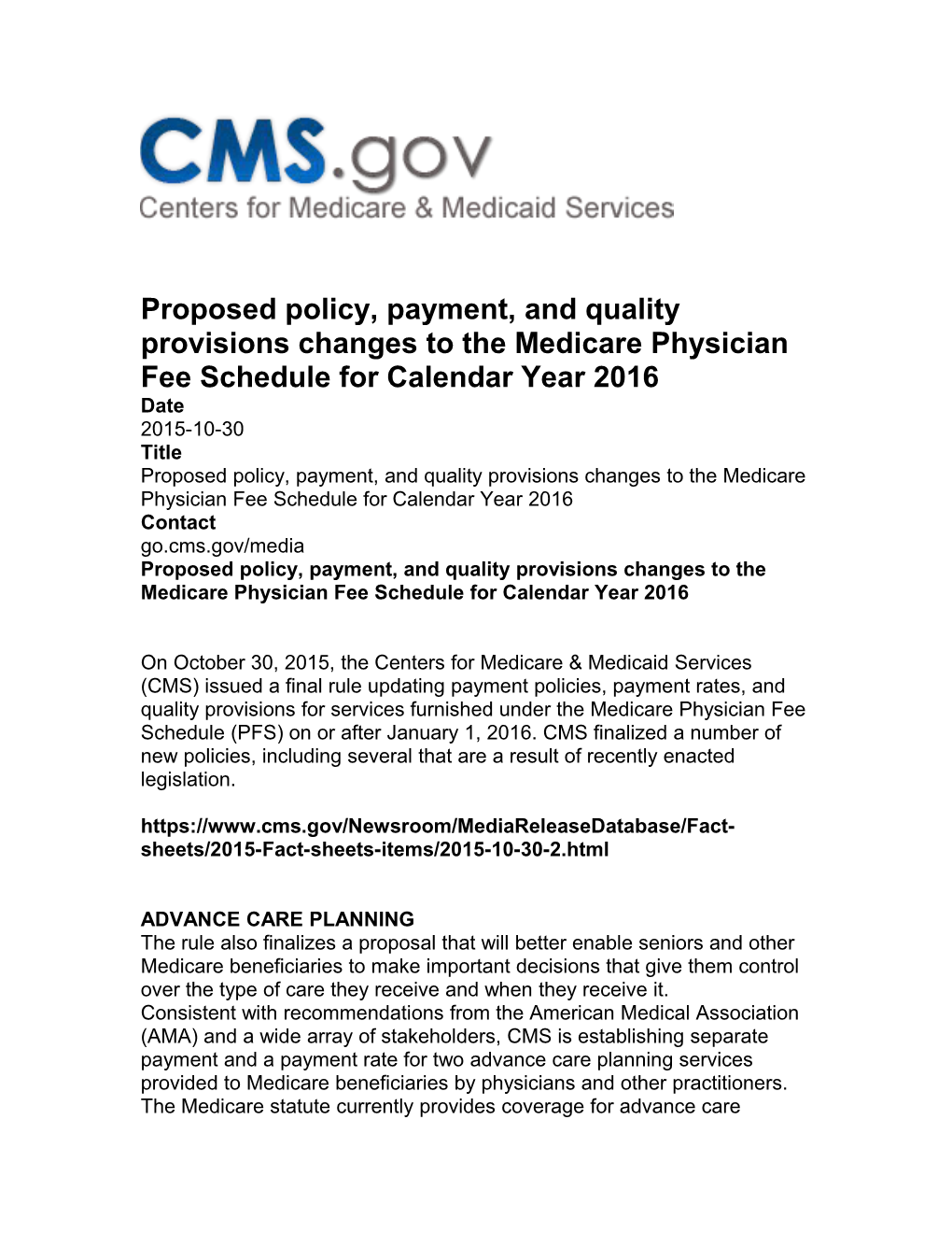 Proposed Policy, Payment, and Quality Provisions Changes to the Medicare Physician Fee