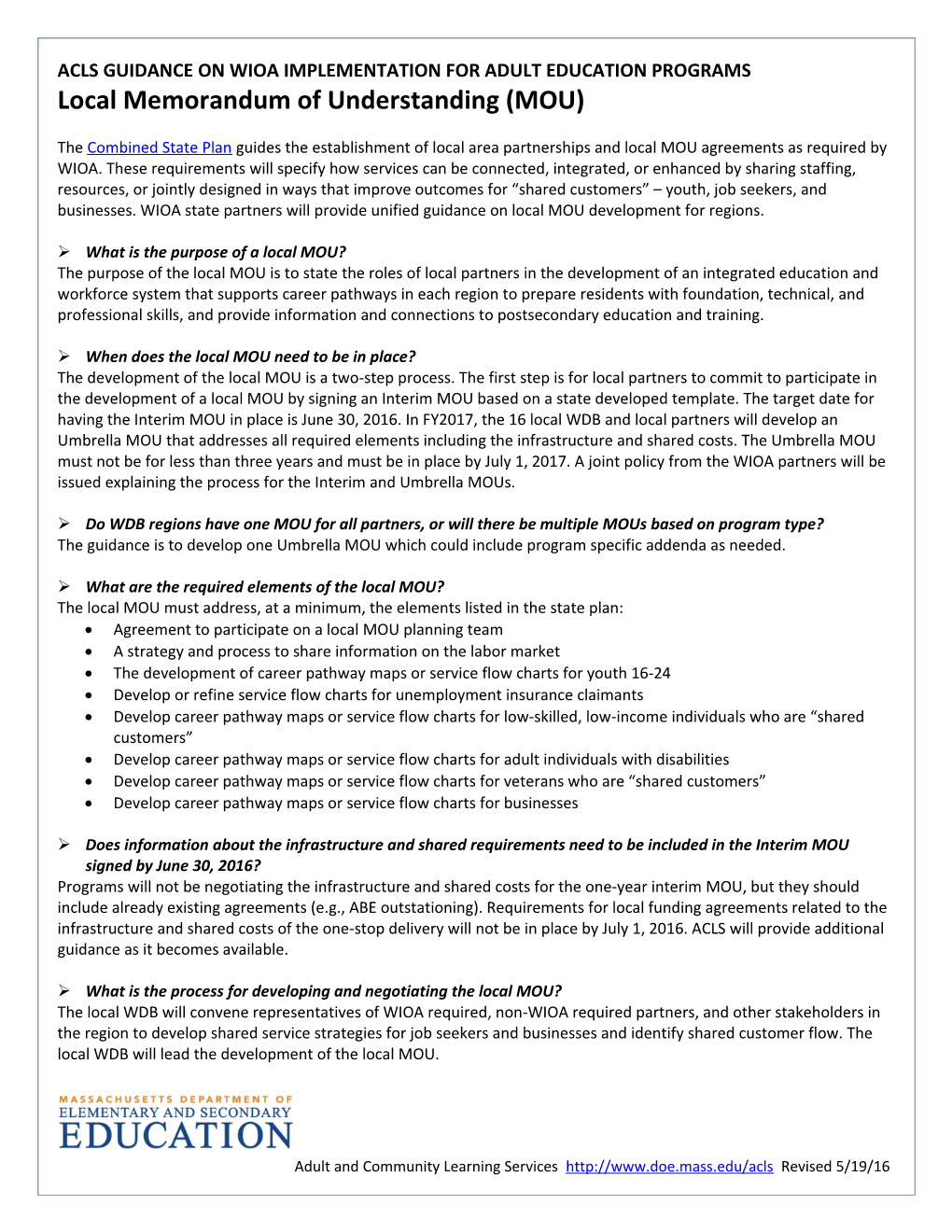 Local Memorandum of Understanding (MOU)