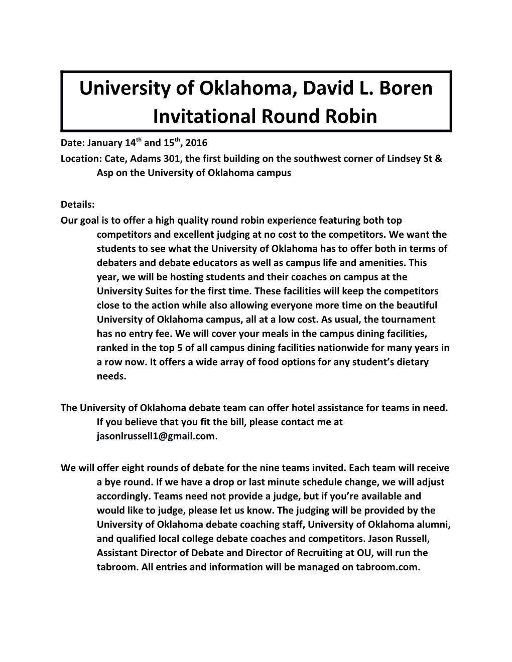 University of Oklahoma, David L. Boren Invitational Round Robin