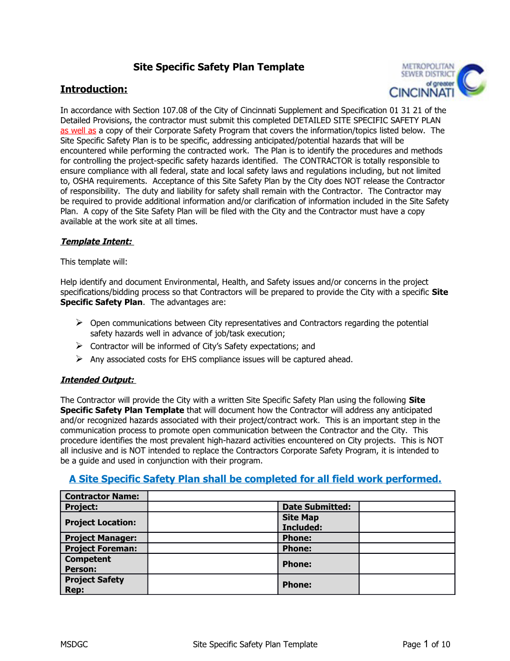 MSDGC Site Specific Safety Plan Template