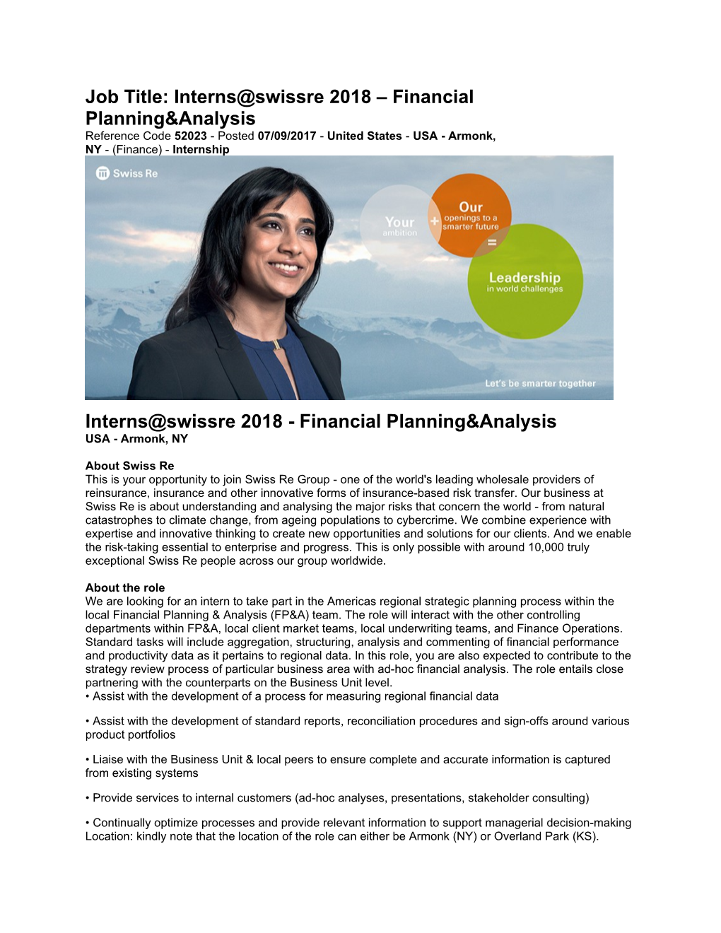 Job Title: Interns Swissre 2018 Financial Planning&Analysis