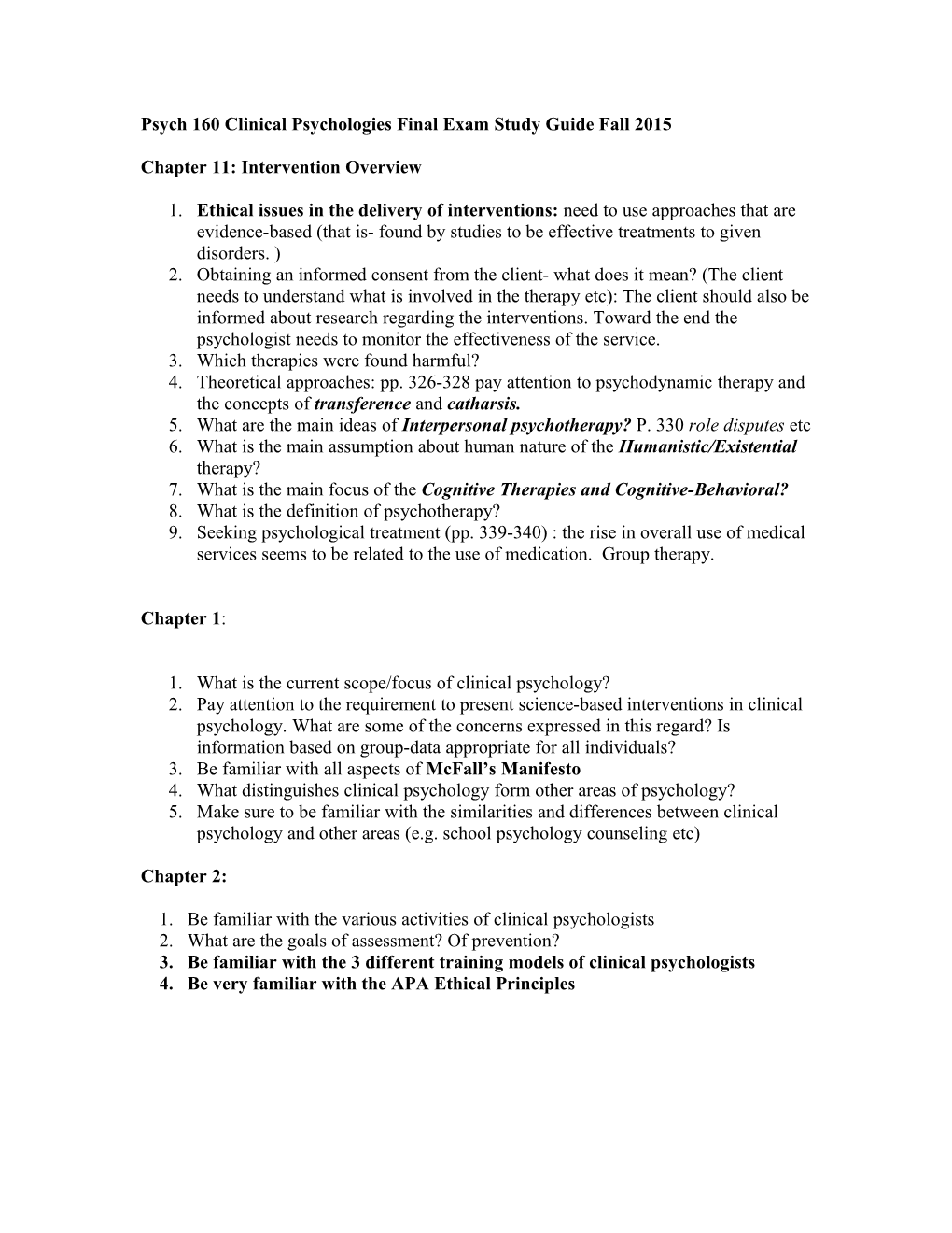 Psych 160 Clinical Psychology Final Exam Study Guide Fall 2015