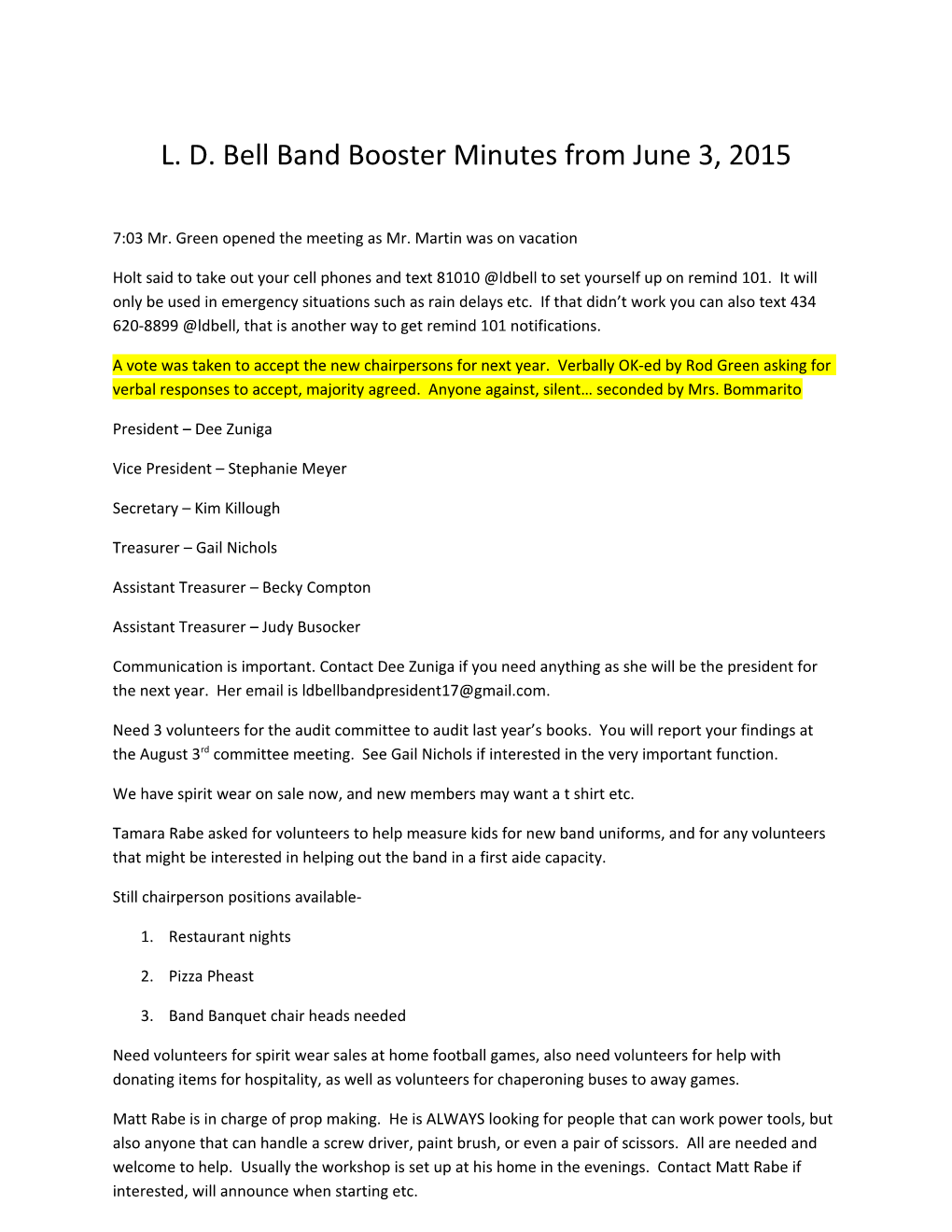 L. D. Bell Band Booster Minutes from June 3, 2015