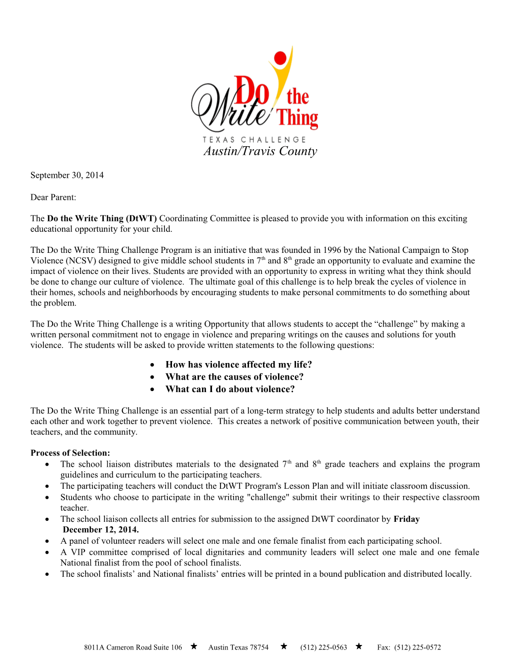 The Do the Write Thing(Dtwt) Coordinating Committee Is Pleased to Provide You with Information