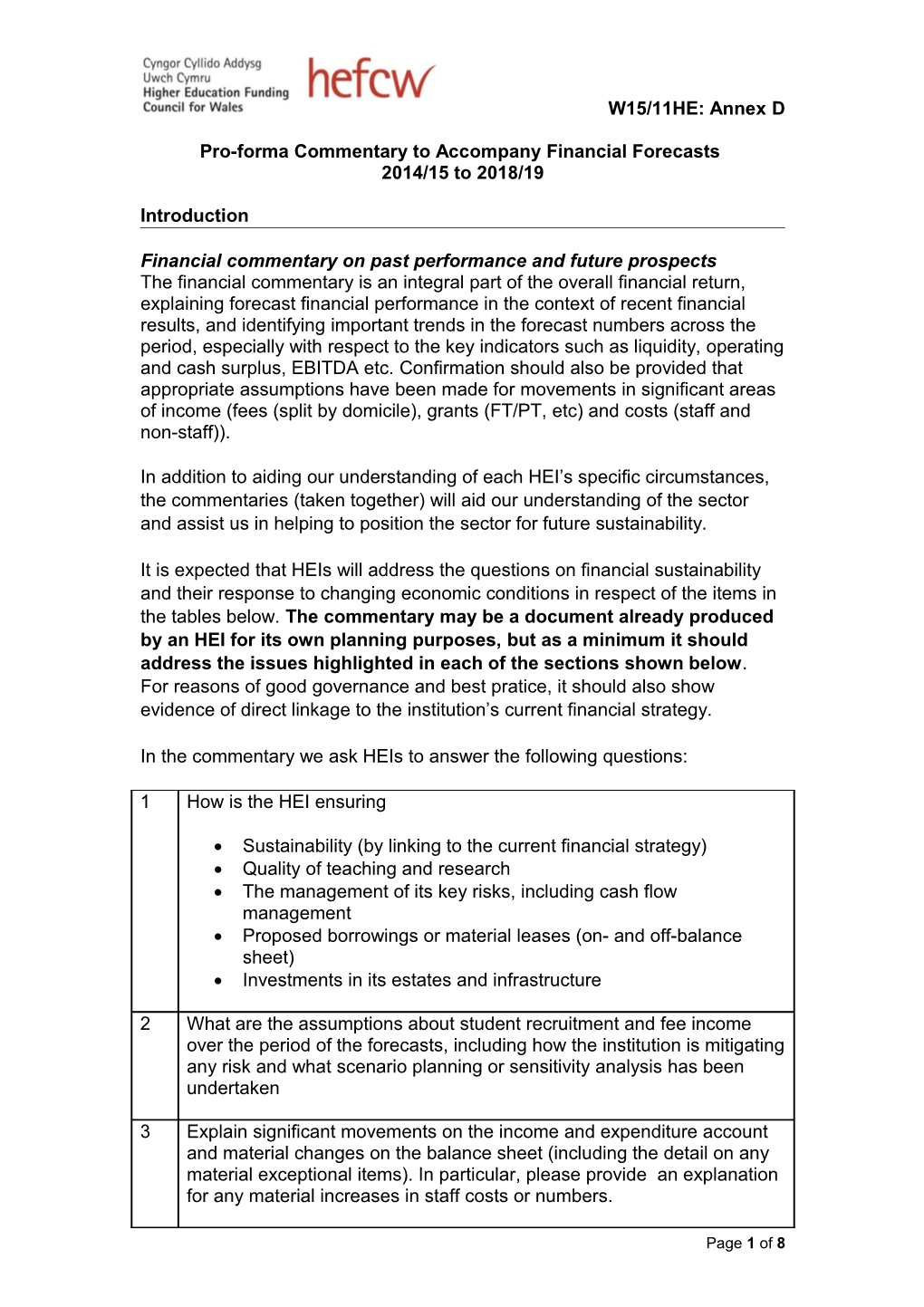 Pro-Forma Commentary to Accompany Financial Forecasts