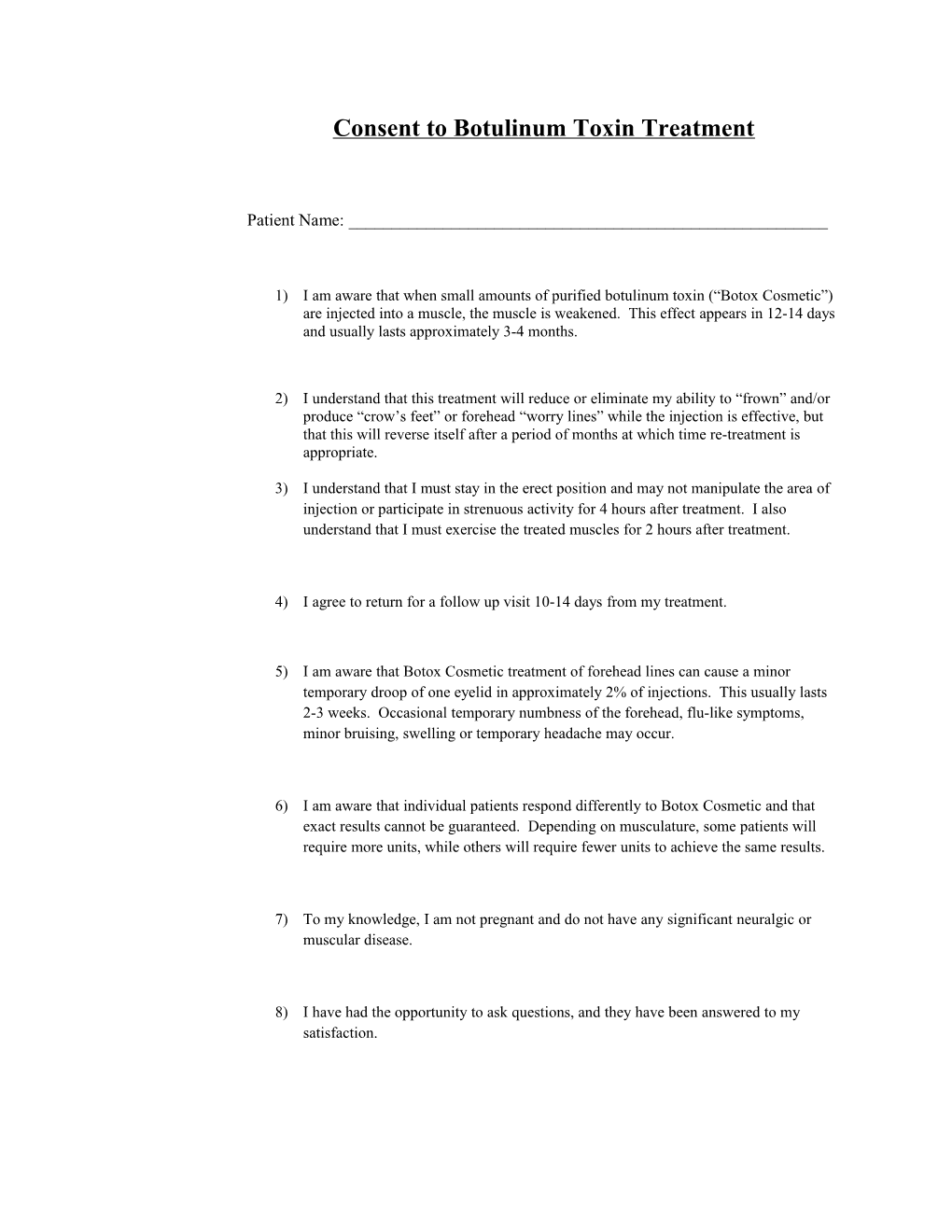 Consent to Botulinum Toxin Treatment