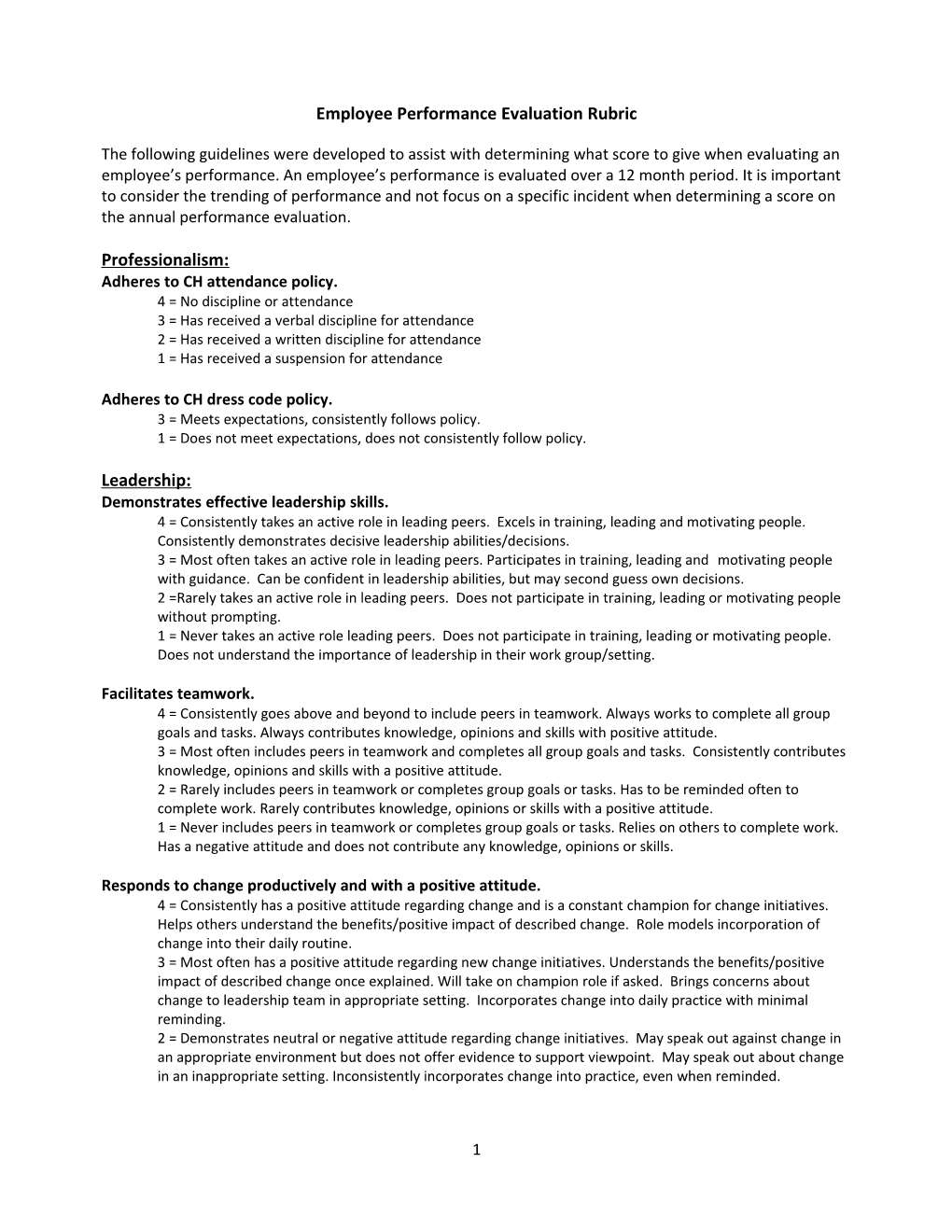 Employee Performance Evaluation Rubric