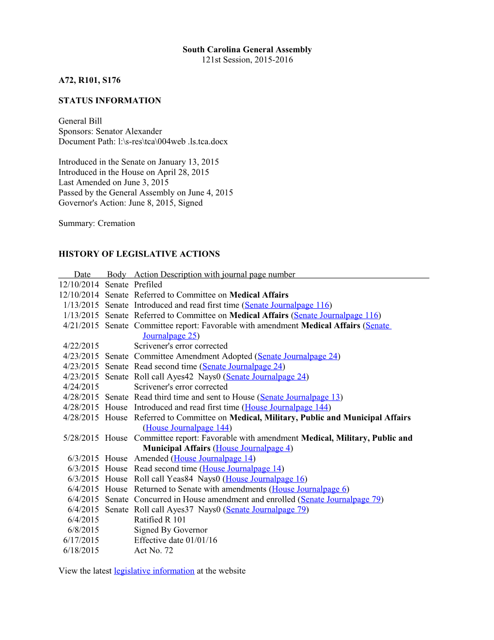 2015-2016 Bill 176: Cremation - South Carolina Legislature Online