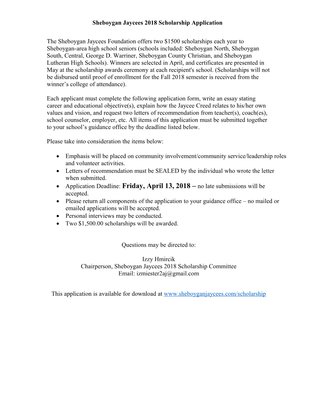 Sheboygan Jaycees 2018 Scholarship Application