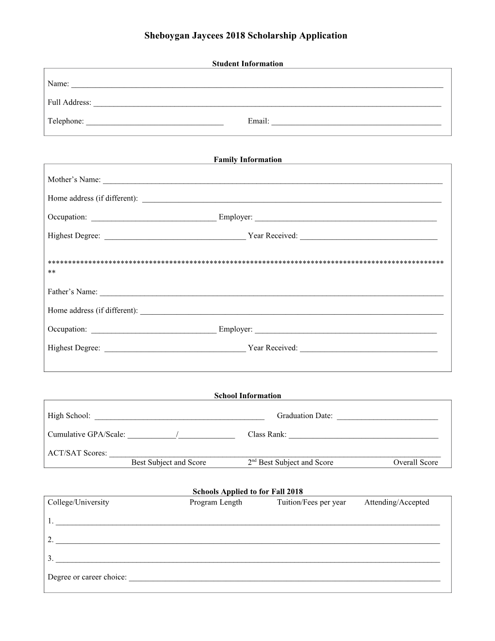 Sheboygan Jaycees 2018 Scholarship Application