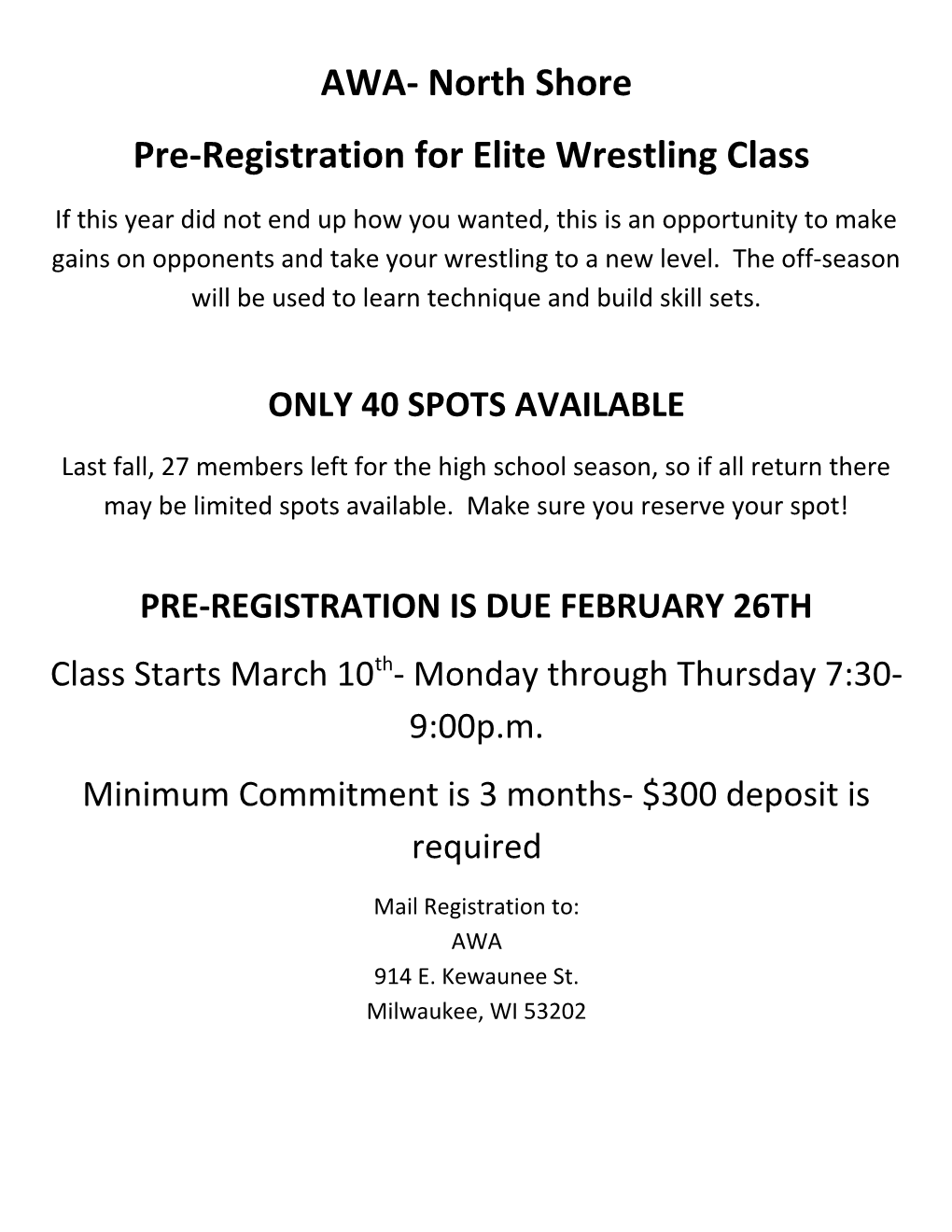 Pre-Registration for Elite Wrestling Class
