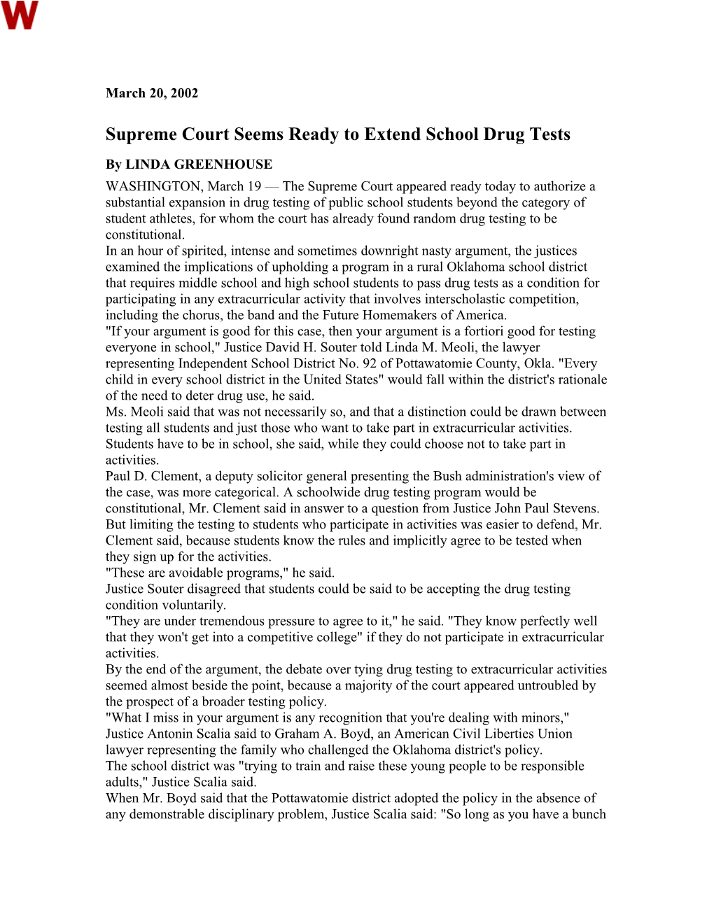 Supreme Court Seems Ready to Extend School Drug Tests