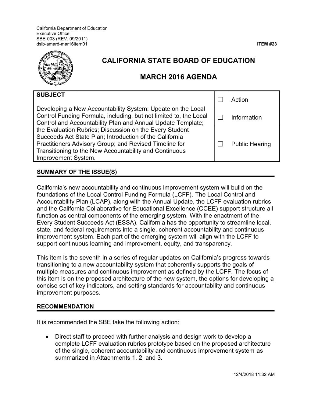 March 2016 Agenda Item 23 - Meeting Agendas (CA State Board of Education)