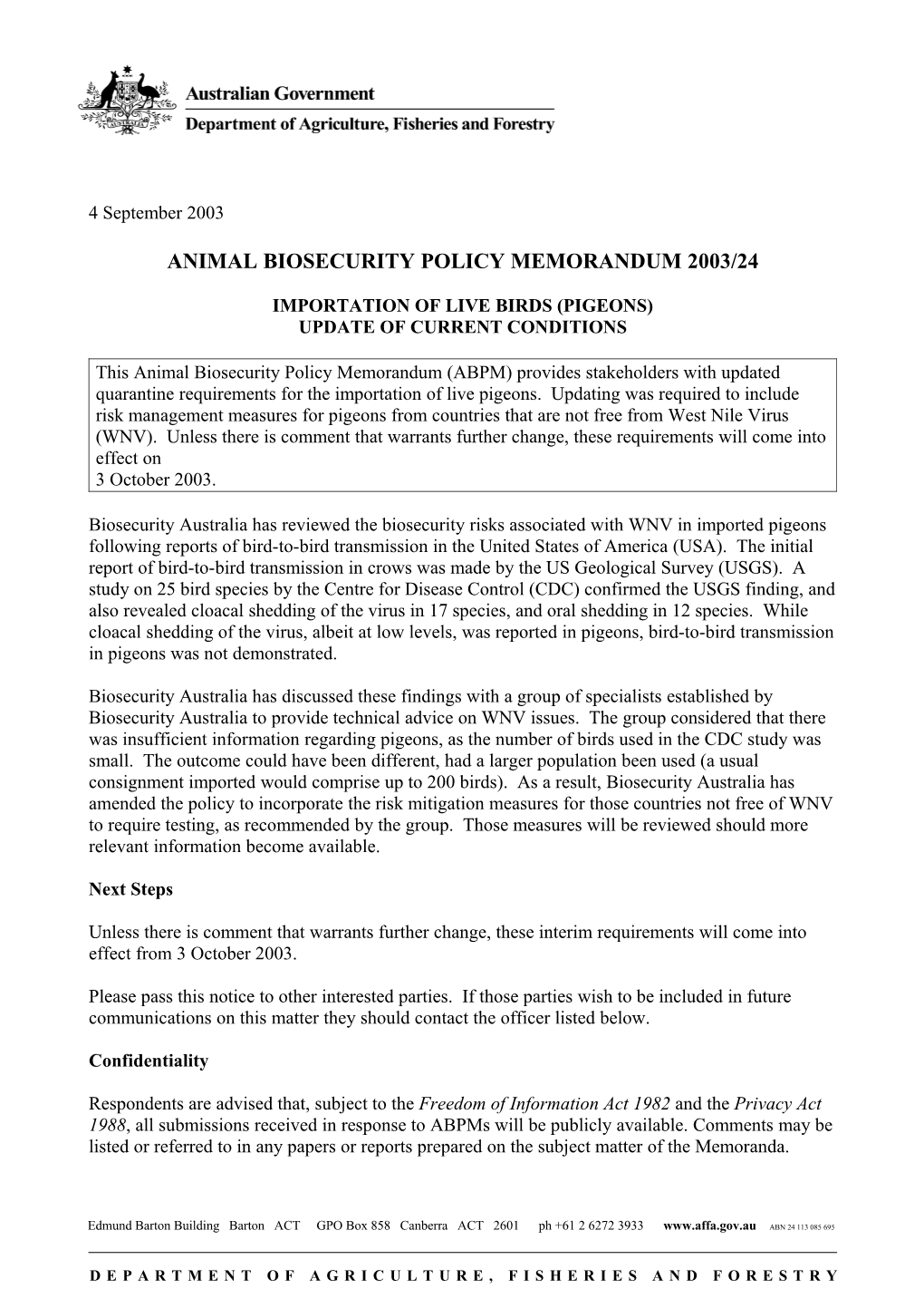 Animal Biosecurity Policy Memorandum 2003/24