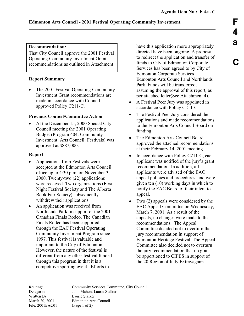 Report for Community Services Committee April 2, 2001 Meeting