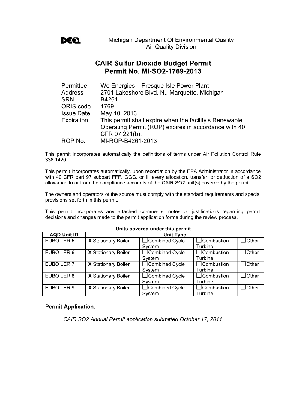 CAIR Sulfur Dioxide Budget Permit