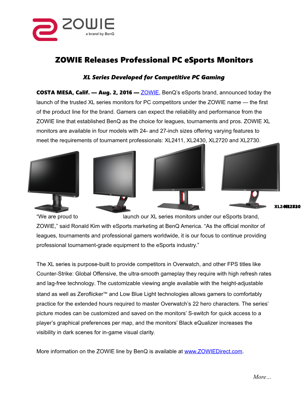 Zowiereleases Professional PC Esports Monitors