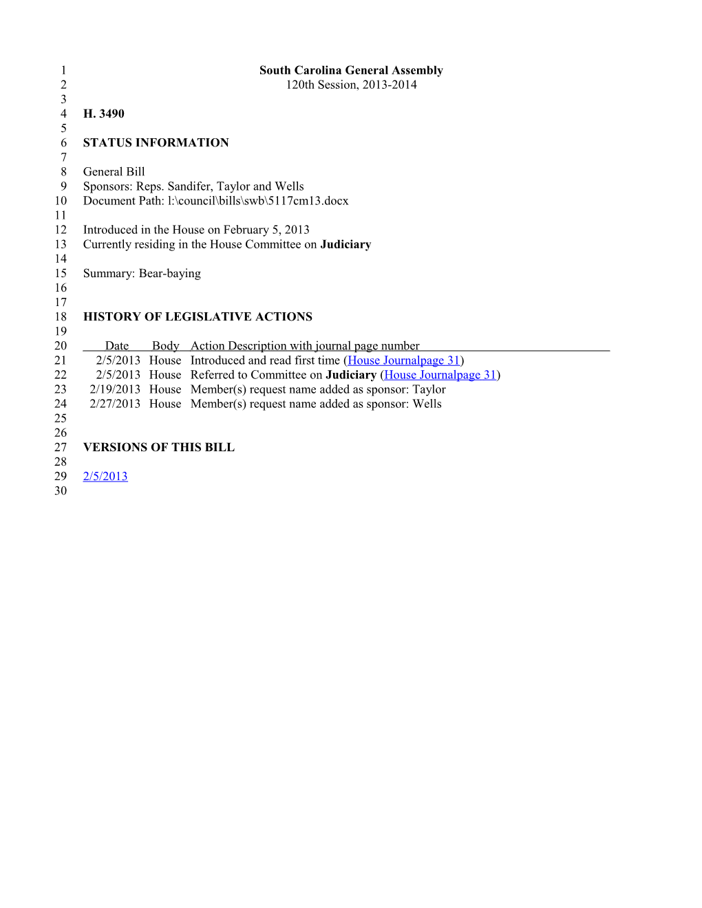 2013-2014 Bill 3490: Bear-Baying - South Carolina Legislature Online