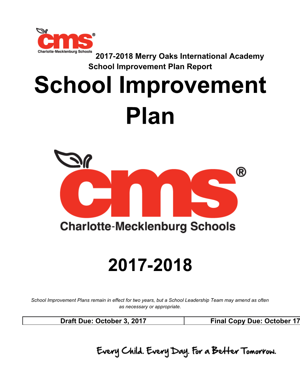 2017-2018 Merry Oaks International Academy School Improvement Plan Report