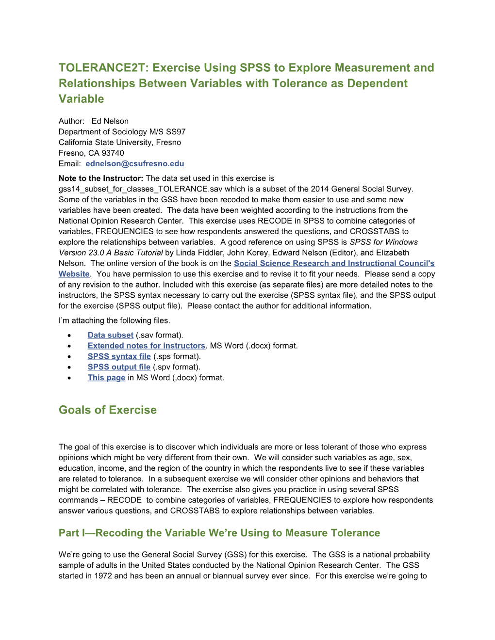 TOLERANCE2T: Exercise Using SPSS to Explore Measurement and Relationships Between Variables