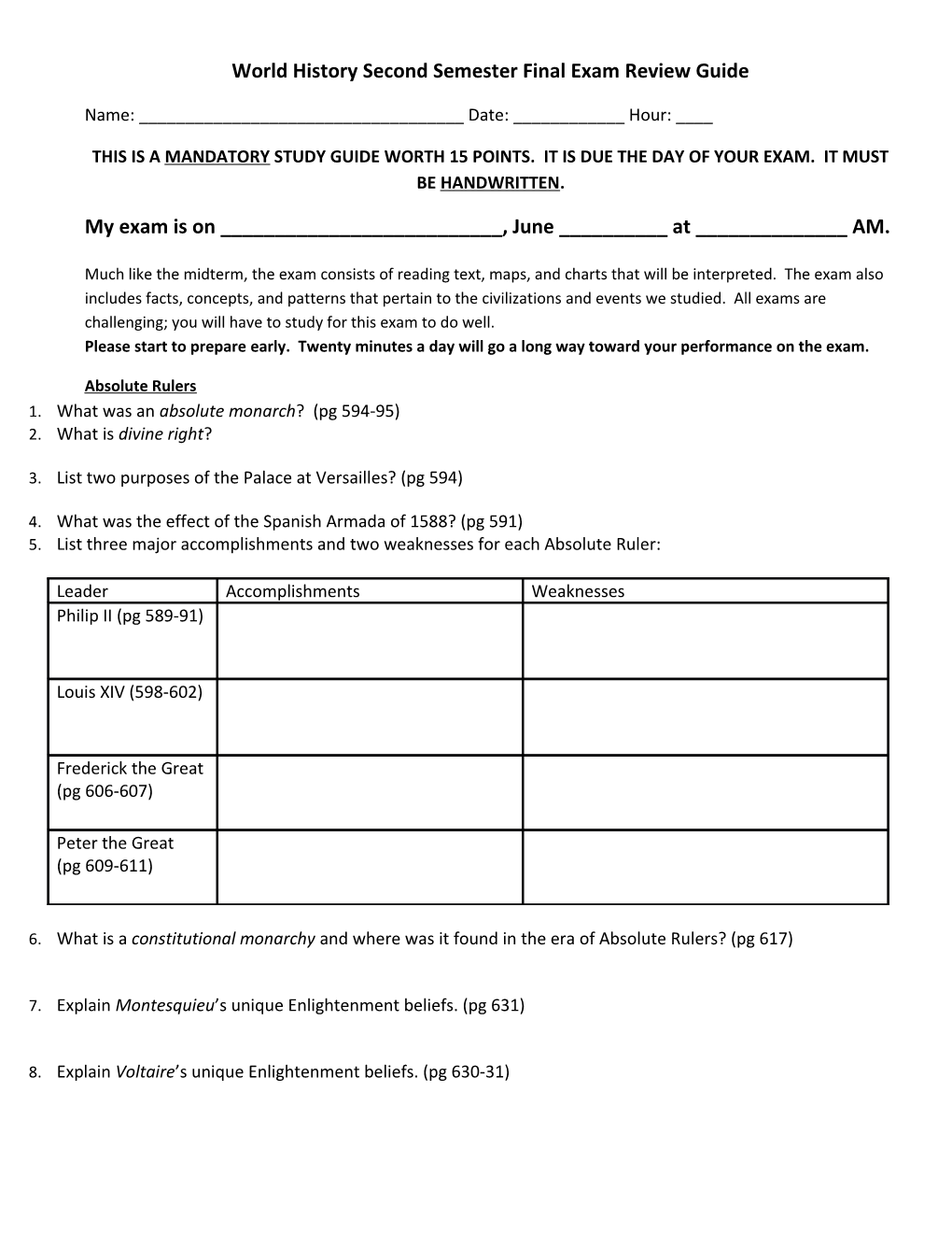 World History Second Semester Final Exam Review Guide