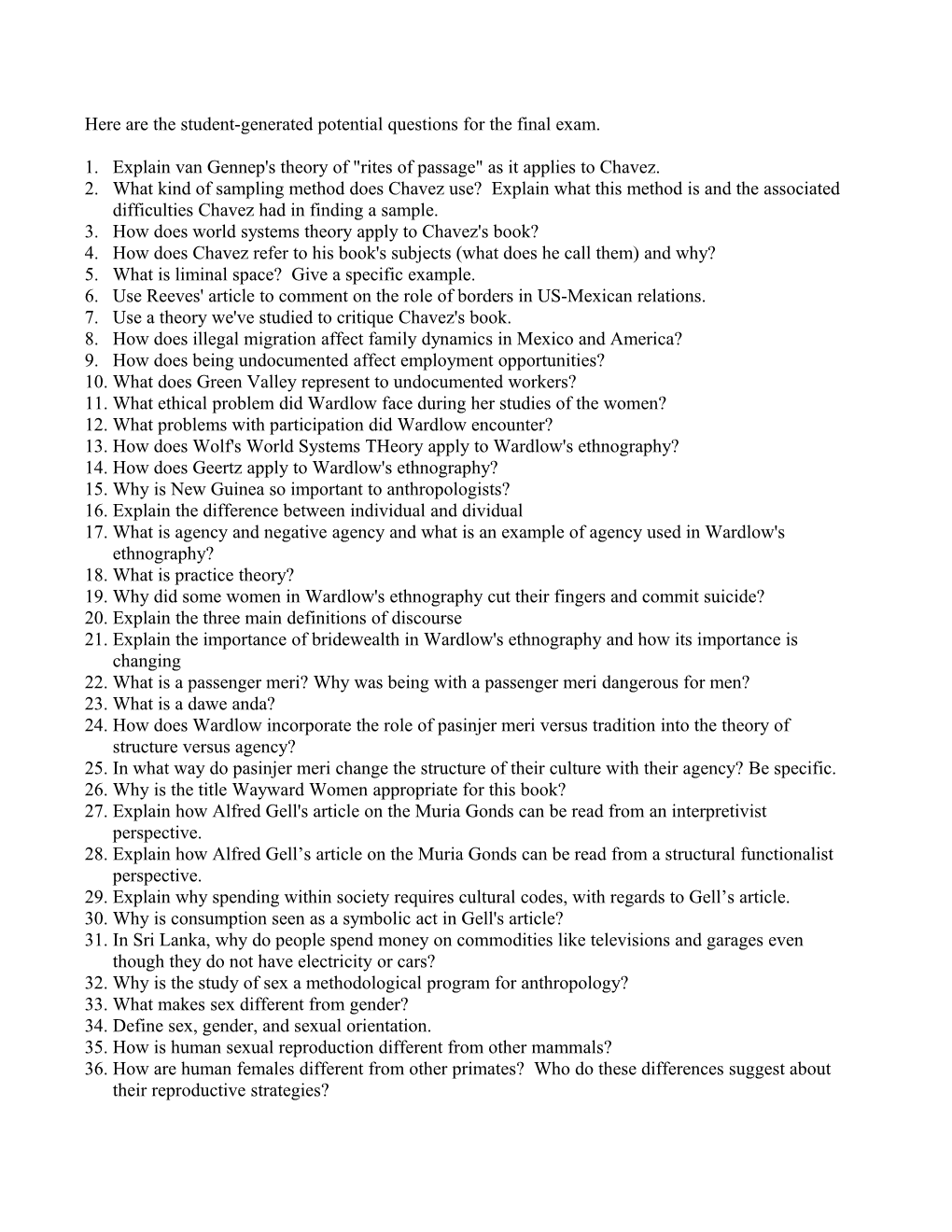 Here Are the Student-Generated Potential Questions for the Final Exam