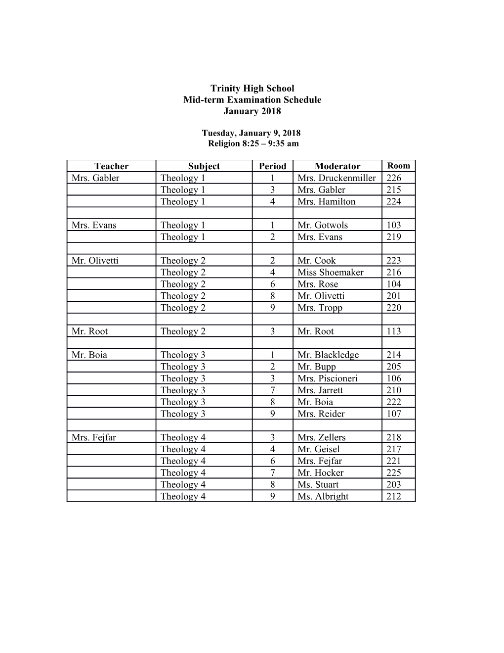 Mid-Term Examination Schedule