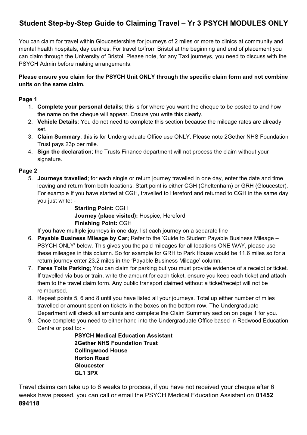 Student Step-By-Step Guide to Claiming Travel Yr 3 PSYCH MODULES ONLY