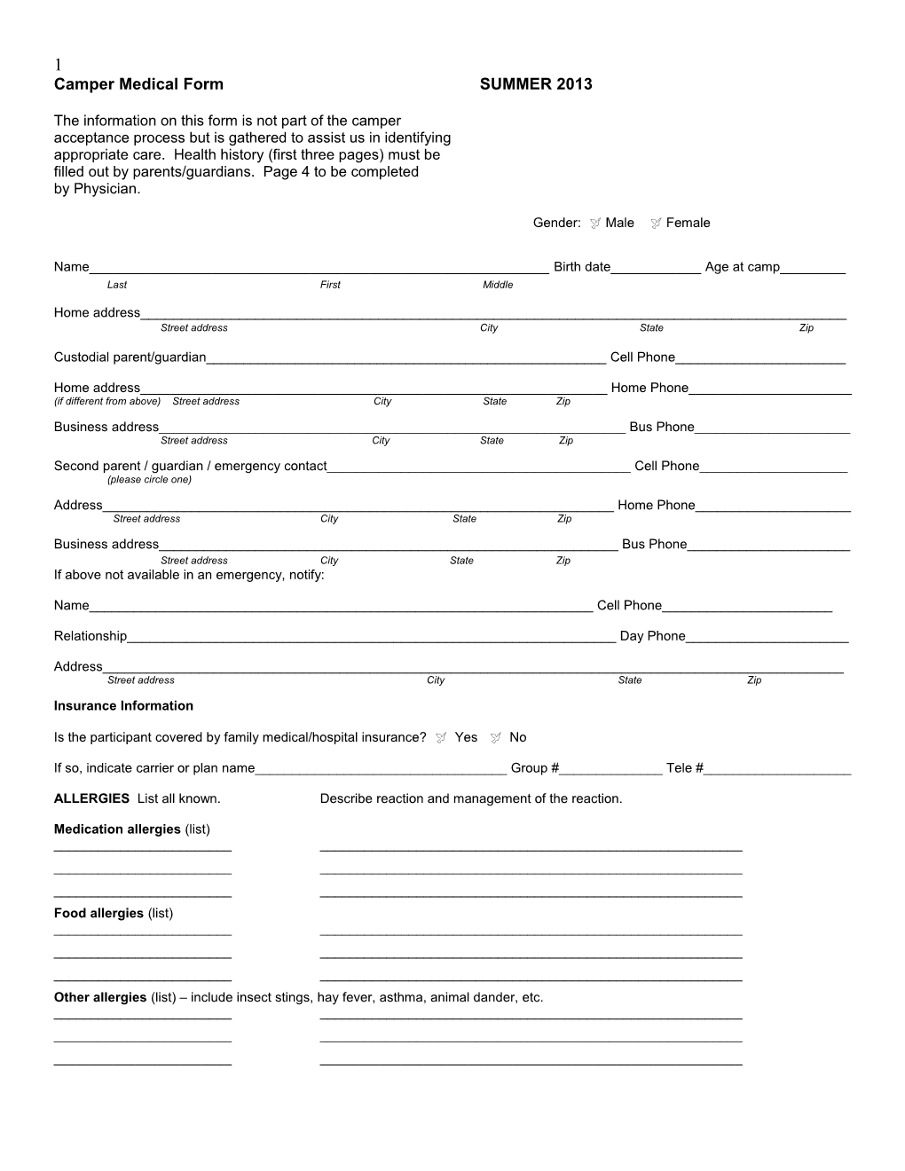 Health History and Examination Form