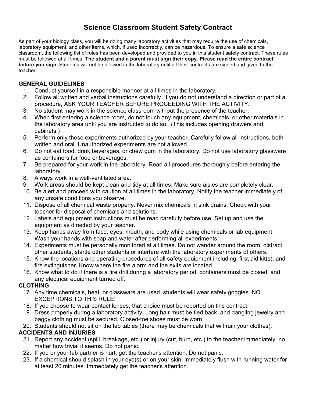 Science Classroom Student Safety Contract