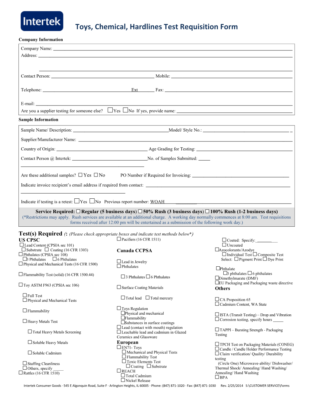 Toys, Chemical, Hardlines Test Requisition Form